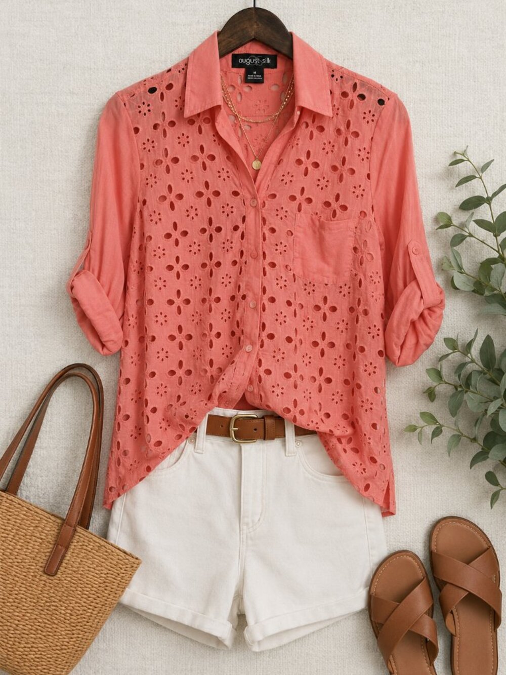August Silk Coral Eyelet Button Down Blouse Roll Tab Sleeve Medium